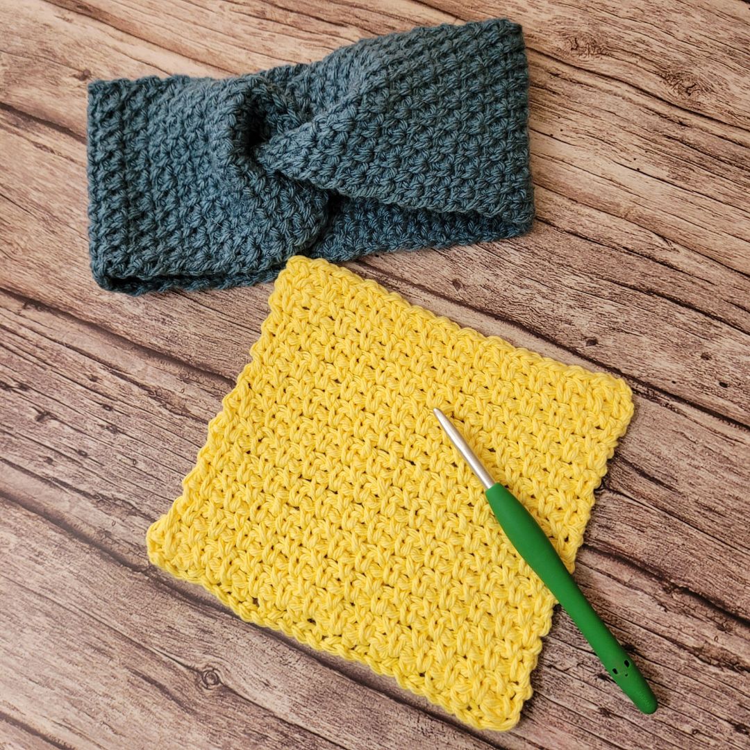 A headband and dish cloth made with the moss stitch